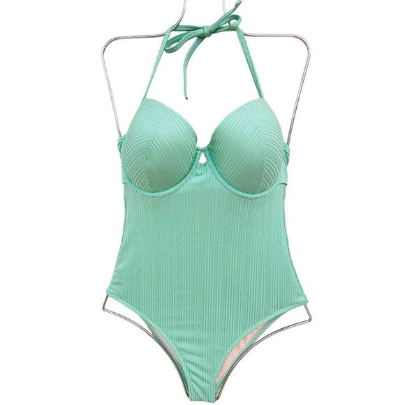 Shade & Shore Womens One Piece Swimsuit Green Cut Out Sweetheart Neck 34C - Picture 1 of 9